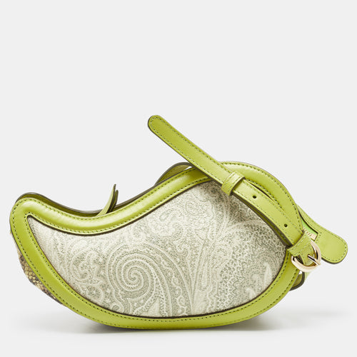 Green/Grey Paisley Coated Canvas and Python Embossed Crossbody Bag