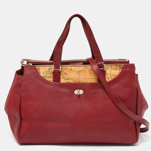 Red/Beige Geo Print Coated Canvas and Leather Tote