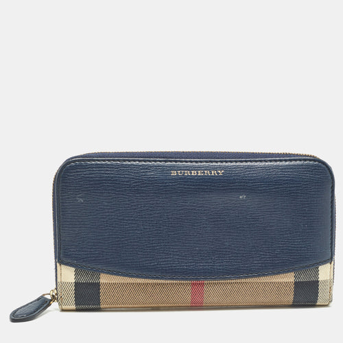 Navy Blue/Beige House Check Canvas and Leather Zip Continental Wallet