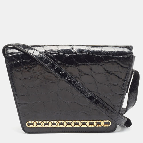 Black Crocodile Leather Interlocking GG Flap Crossbody Bag