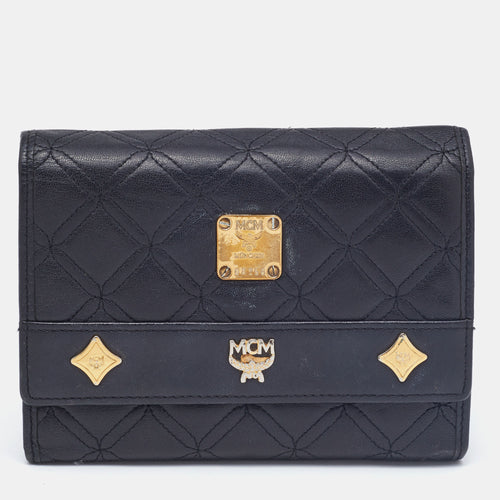 Black Quilted Leather Embellished Flap Compact Wallet