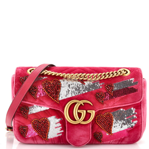 GUCCI GG Marmont Flap Bag Crystal Embellished Matelasse Velvet Medium