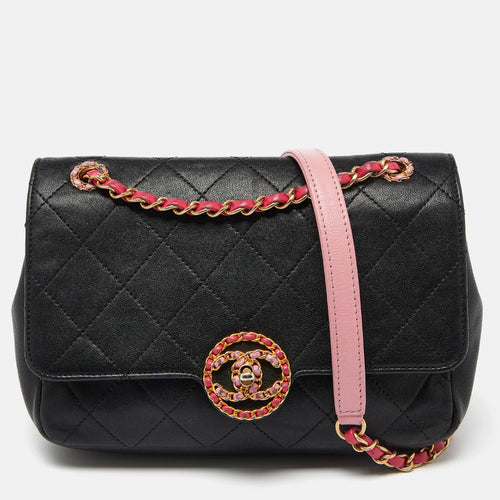 Black/Pink Quilted Leather CC Chain Logo Shoulder Bag