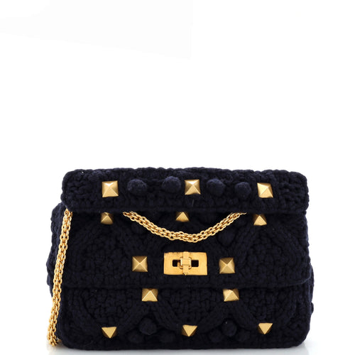 VALENTINO GARAVANI Roman Stud Flap Bag Knit Crochet Large