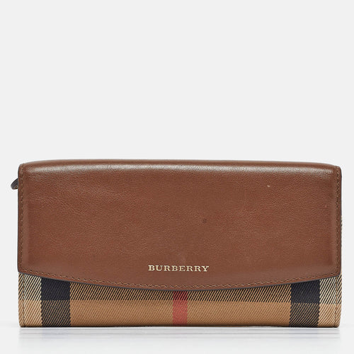 Brown/Beige House Check Canvas and Leather Flap Continental Wallet