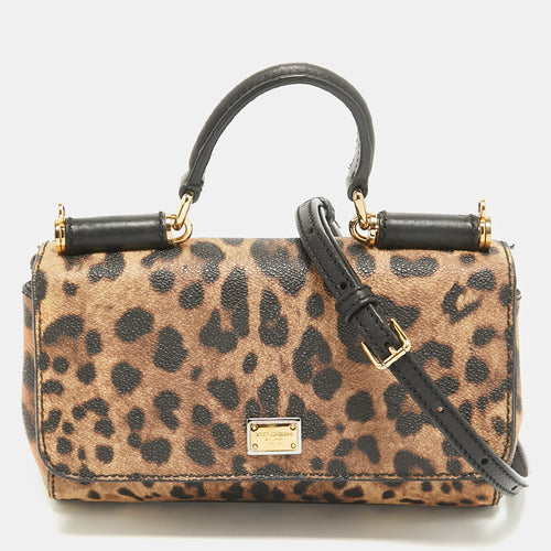 Black/Brown Leopard Print Coated Canvas and Leather Mini Miss Sicily Bag