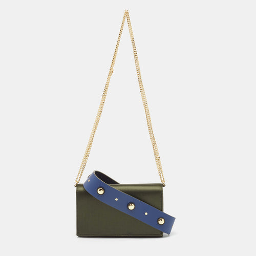 Olive Green Satin and Leather Flap Chain Bag