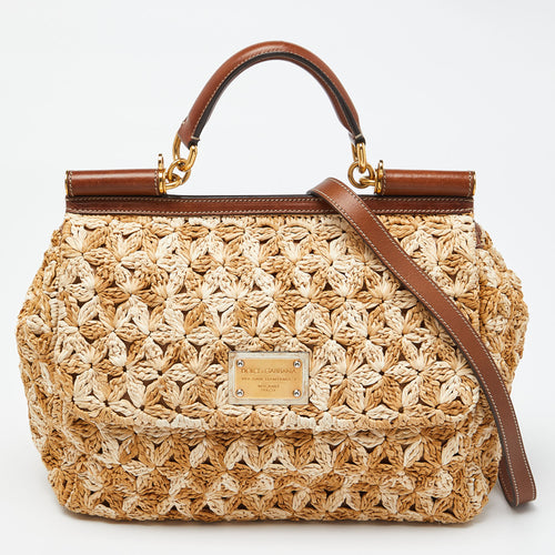 Beige/Brown Crochet Raffia and Leather Large Miss Sicily Top Handle Bag