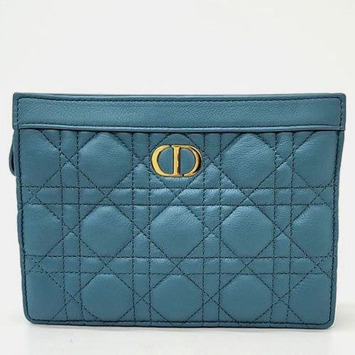 Christian Cloud Blue Calfskin Cannage Caro Zipped Pouch With Chain