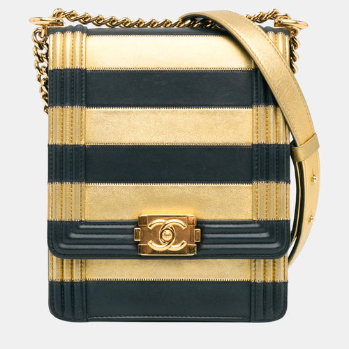 Navy Blue/Gold Metallic Lambskin Striped North South Boy Flap