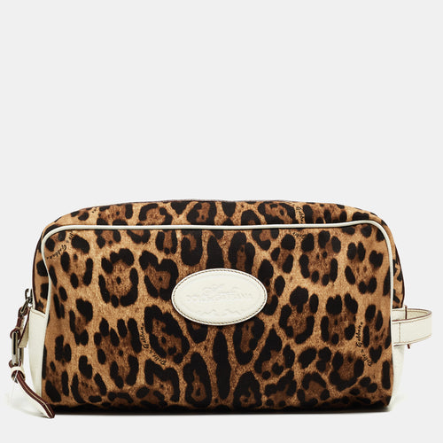 White/Brown Leopard Print Fabric and Leather Cosmetic Pouch