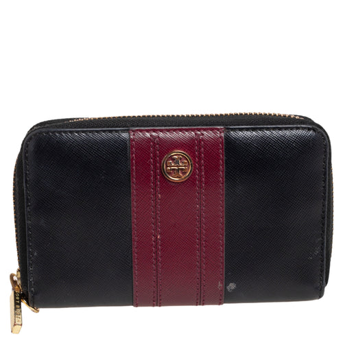 Black/Burgundy Saffiano Leather Zip Around Wallet
