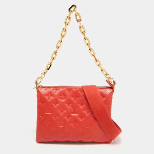 Red Monogram Embossed Leather Coussin PM Bag