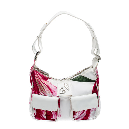 White/Pink Floral Print Canvas and Leather Pocket Shoulder Bag
