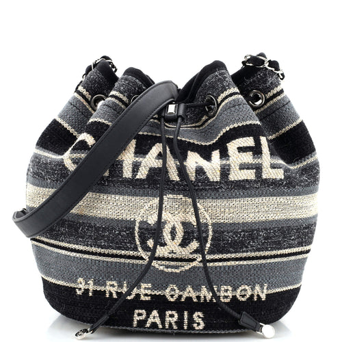 CHANEL Deauville Drawstring Bucket Bag Canvas with Striped Detail Medium