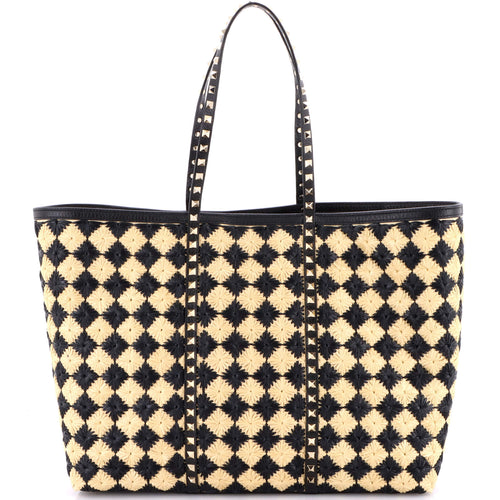 VALENTINO GARAVANI Rockstud Shopping Bag Check Embroidered Raffia Large