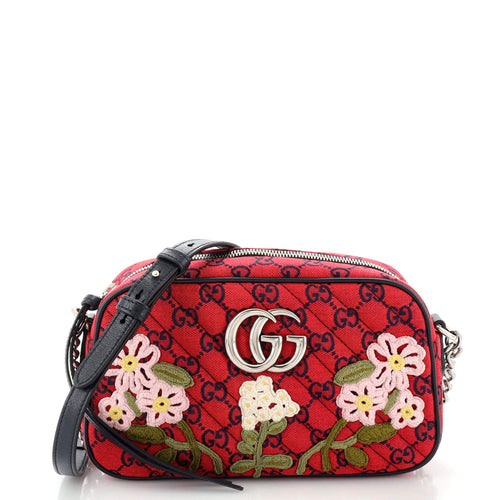 GUCCI GG Marmont Shoulder Bag Embroidered Diagonal Quilted GG Canvas Small