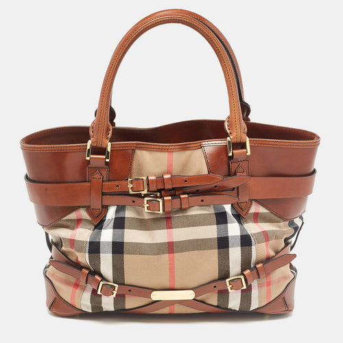 Brown/Beige House Check Canvas and Leather Medium Bridle Lynher Tote