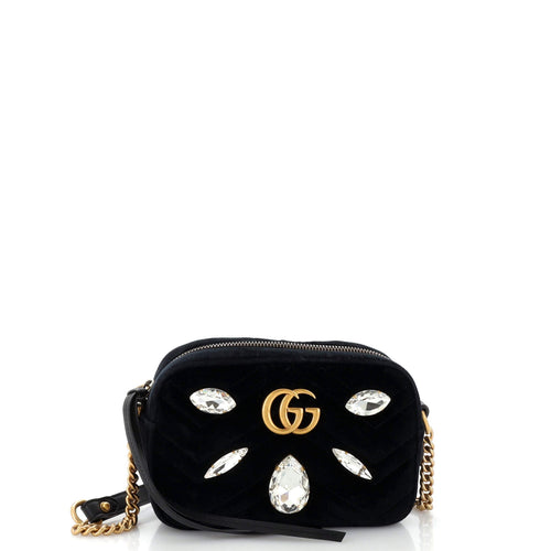GUCCI GG Marmont Shoulder Bag Crystal Embellished Matelasse Velvet Mini