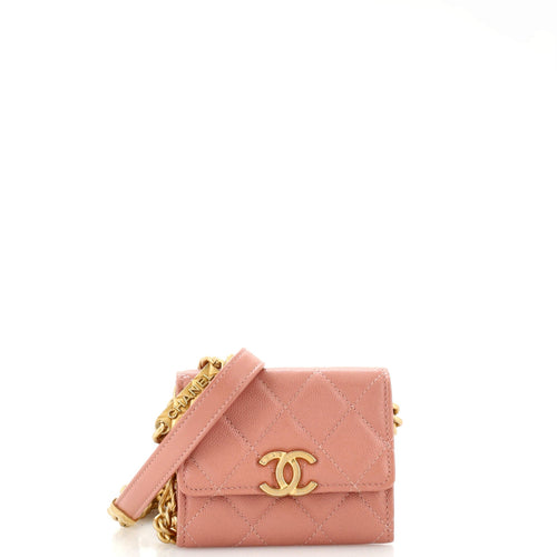 CHANEL Plate Logo CC Flap Card Holder on Chain Quilted Caviar Mini