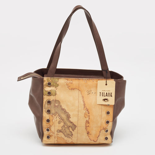 Tan/Black Geo Print Coated Canvas and Leather Studded Tote