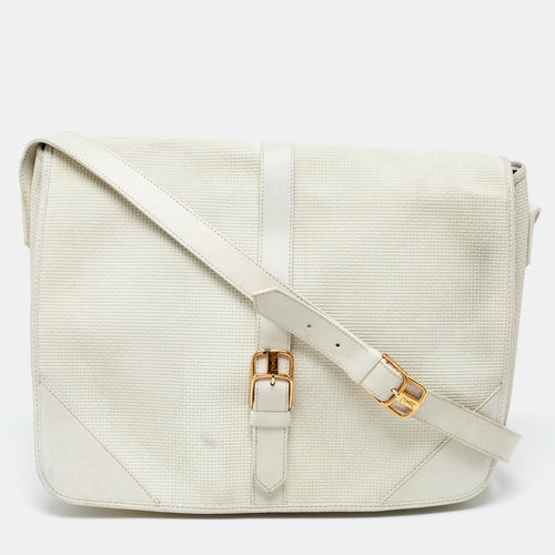 White Woven Embossed Leather Buckle Flap Messenger Bag