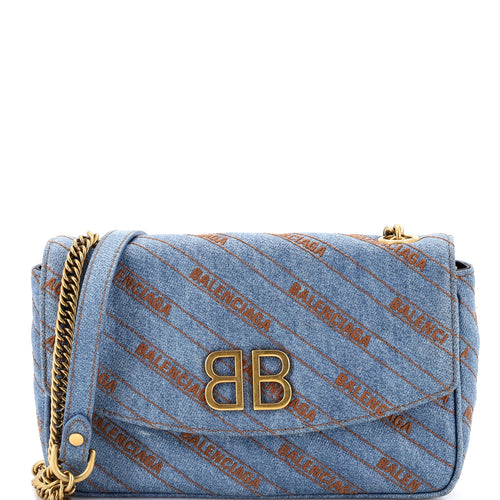 BB Chain Round Shoulder Bag Quilted Embroidered Denim Medium