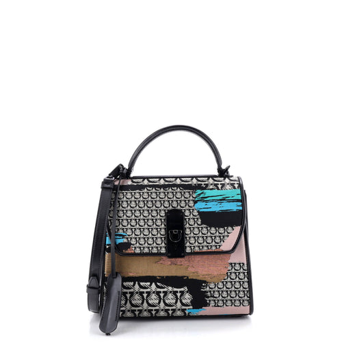 Boxyz Top Handle Bag Printed Gancini Jacquard and Leather Small