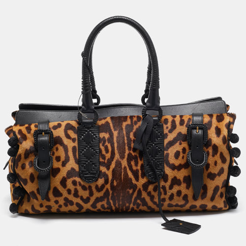 Black/Brown Leopard Print Calfhair and Leather Pom Pom Duffel Bag