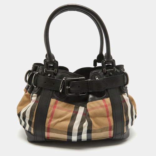 Black/Beige House Check Fabric and Leather Large Beaton Tote