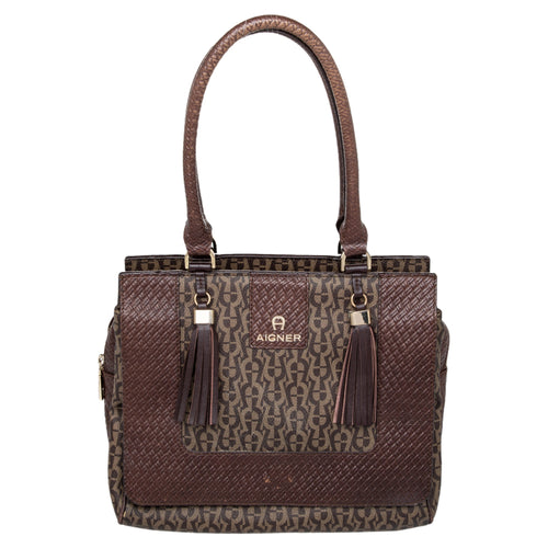 Brown Signature Canvas And Leather Tassel Satchel