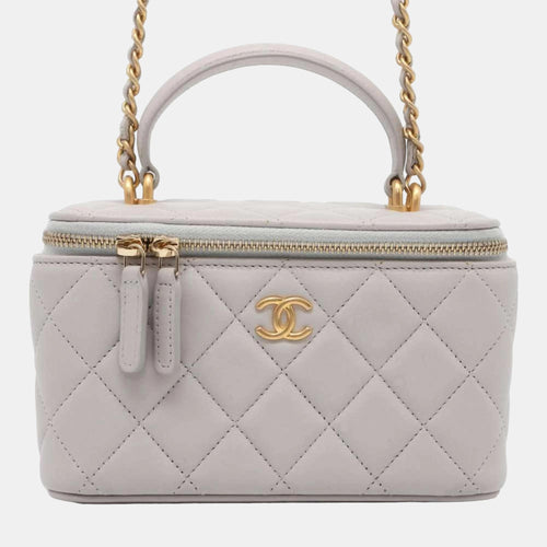 Grey Quilted Lambskin Classic Top Handle Vanity Case with Chain