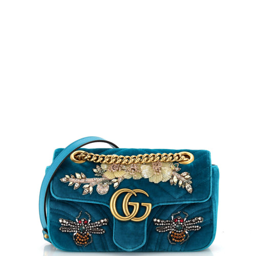 GUCCI GG Marmont Flap Bag Embellished Matelasse Velvet Mini