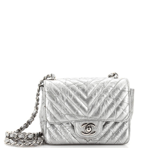 CHANEL Square Classic Single Flap Bag Chevron Crumpled Metallic Patent Mini