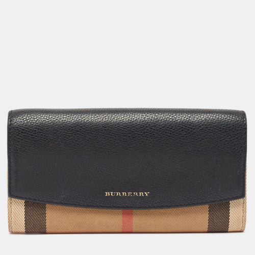 Black/Beige House Check Canvas and Leather Flap Continental Wallet