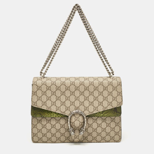 Beige/Green GG Supreme Canvas and Python Medium Dionysus Shoulder Bag