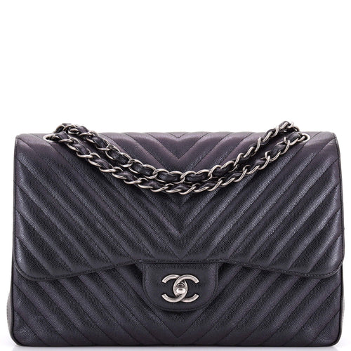 CHANEL Classic Double Flap Bag Chevron Iridescent Caviar Jumbo