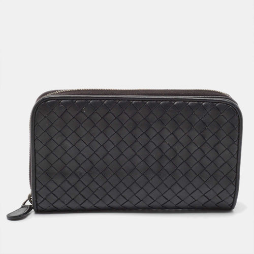 Black Intrecciato Leather Zip Around Wallet