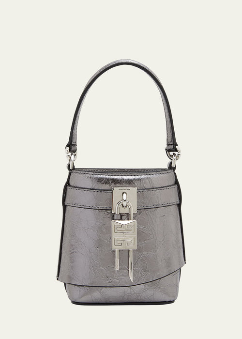 Shark Lock Micro Bucket Bag in Metallized Laminated Leather