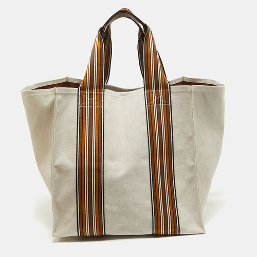 Beige/Brown Canvas Medium Cube The Suitcase Stripe Tote