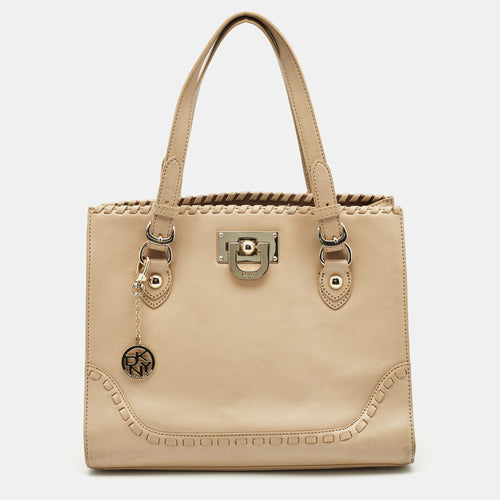 DKNY Beige Leather Beekman French Whipstitch Trim Tote