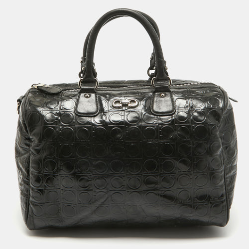 Black Gancini Embossed Glossy Leather Boston Bag