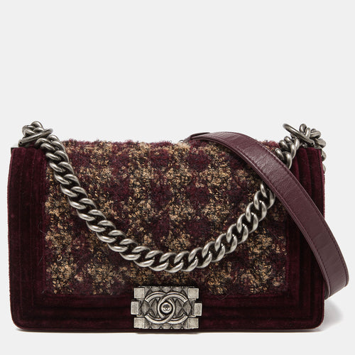 Burgundy Quilted Tweed,Leather and Velvet Medium Boy Flap Bag