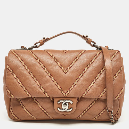 Brown Chevron Stitched Leather Classic Top Handle Bag