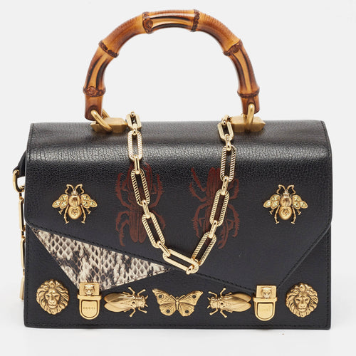 Black Python and Leather Studded Ottilia Bamboo Top Handle Bag