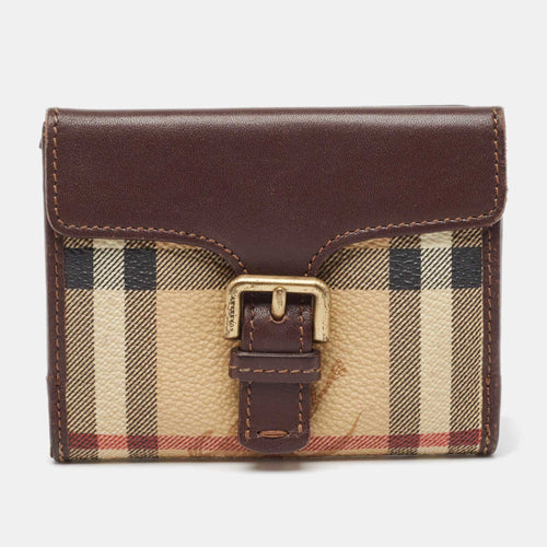 Brown/Beige Haymarket Check Coated Canvas and Leather Buckle Flap Compact Wallet