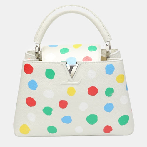 x Yayoi Kusama White Leather Capucines Painted Top Handle Bag