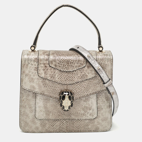 Silver/Beige Karung Leather Small Serpenti Forever Top Handle Bag