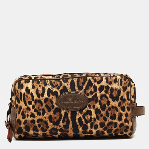 Brown Leopard Print Fabric and Leather Cosmetic Pouch