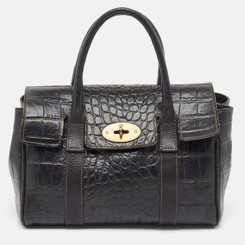 Black Croc Embossed Leather Small Bayswater Satchel